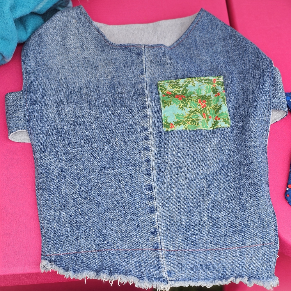 Custom Upcycled Denim Dog Vest with Holiday Pocket